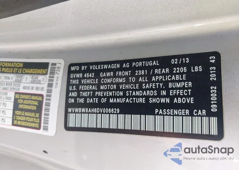 2013 Volkswagen Eos Komfort/Sport z USA, uszkodzony, nr VIN WVWBW8AH6DV006629